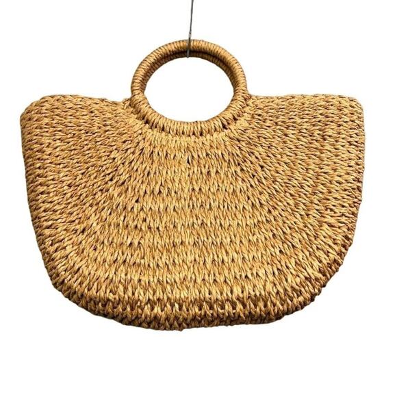Crossi Handbags - Crossi Woven Boho Paper Straw Half Moon Round Circle Handle Large Bag
